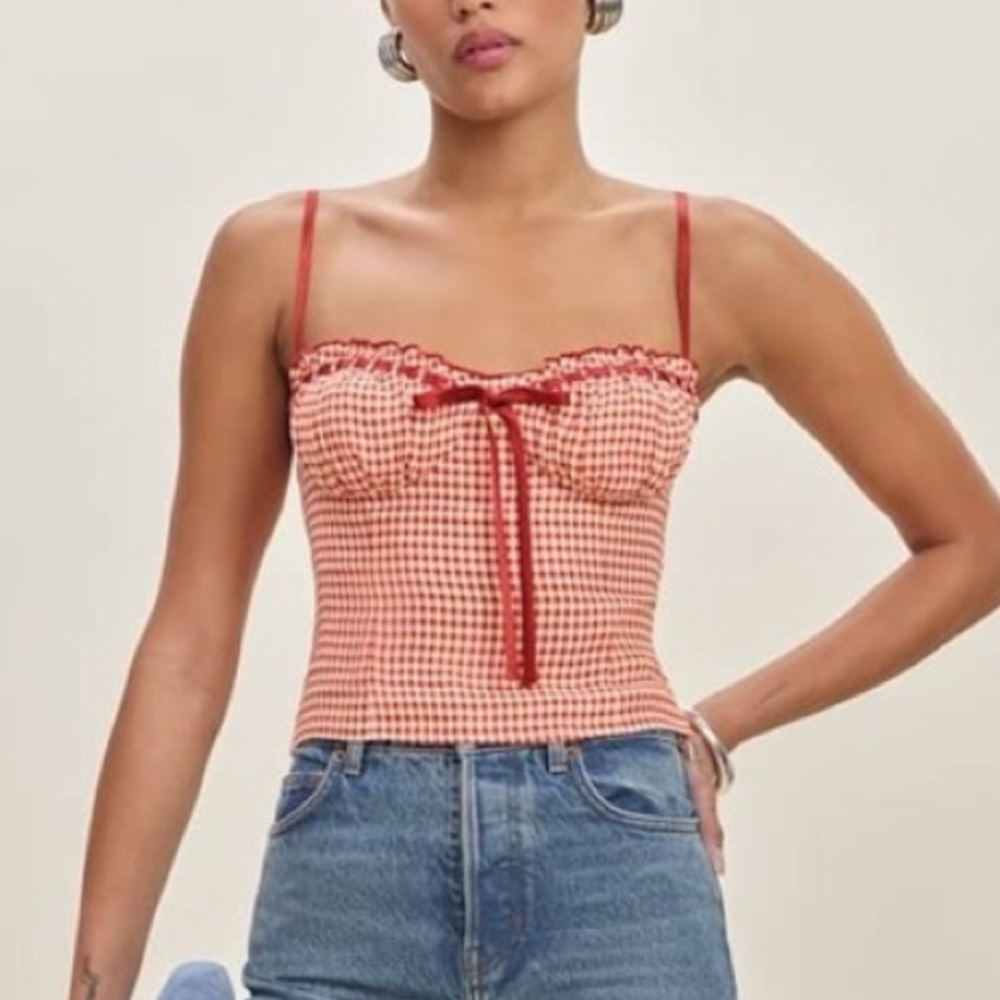 Reformation Andrea Top in Strawberry Check - Picture 9 of 9